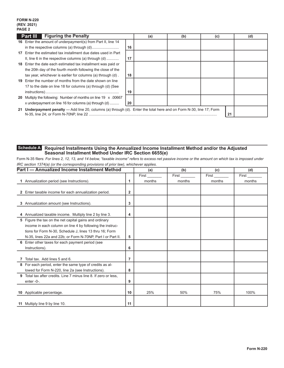 Form N-220 Underpayment of Estimated Tax by Corporations and S Corporations - Hawaii, Page 2