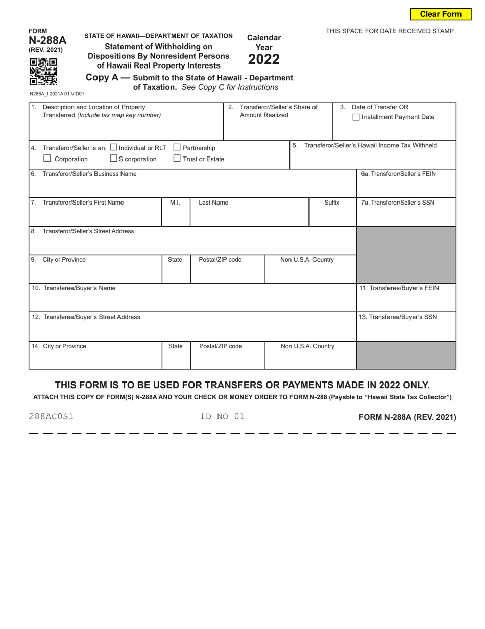 Form N-288A Statement of Withholding on Dispositions by Nonresident Persons of Hawaii Real Property Interests - Hawaii, Page 1