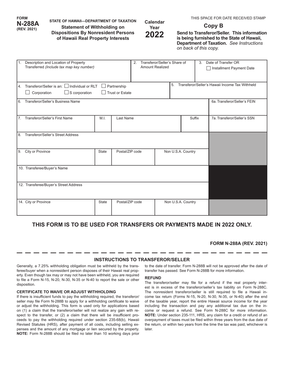 Form N-288A Statement of Withholding on Dispositions by Nonresident Persons of Hawaii Real Property Interests - Hawaii, Page 3