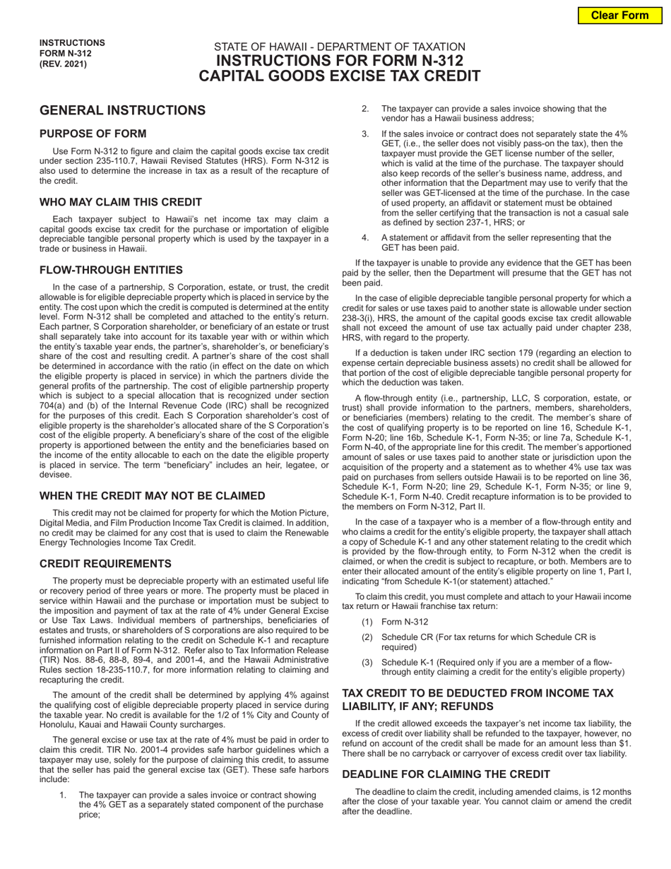 Instructions for Form N-312 Capital Goods Excise Tax Credit - Hawaii, Page 1