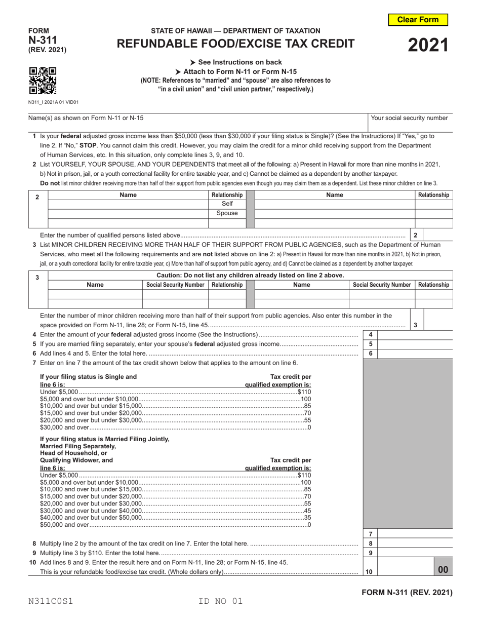 Form N-311 Refundable Food / Excise Tax Credit - Hawaii, Page 1