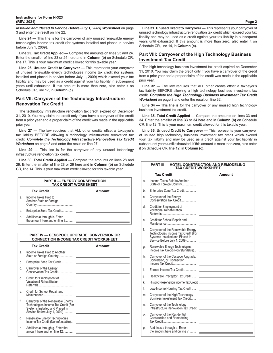 Instructions for Form N-323 Carryover of Tax Credits - Hawaii, Page 2