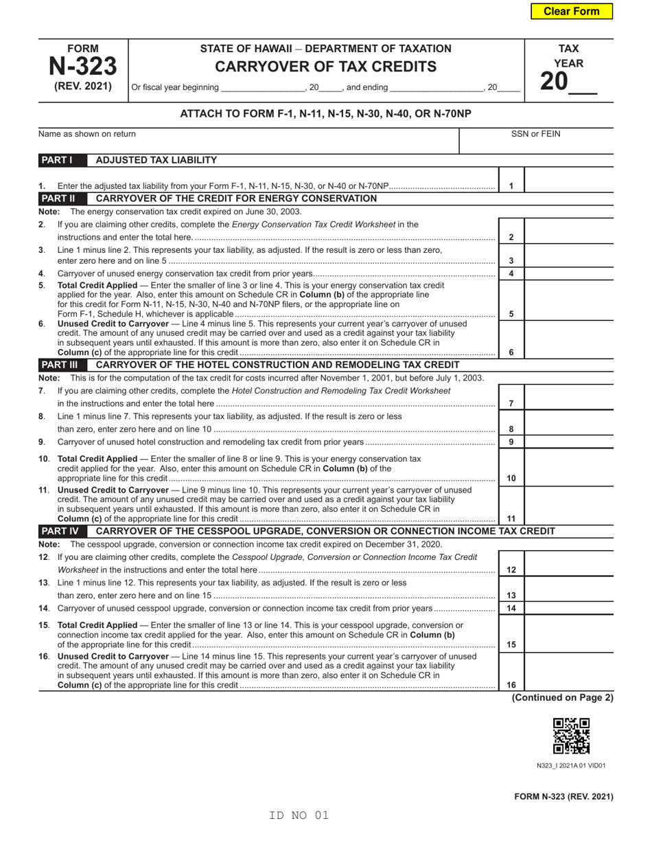 Form N-323 Carryover of Tax Credits - Hawaii, Page 1