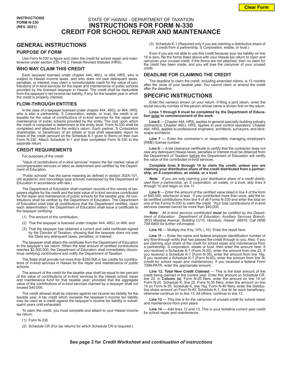 Instructions for Form N-330 Credit for School Repair and Maintenance - Hawaii, Page 1