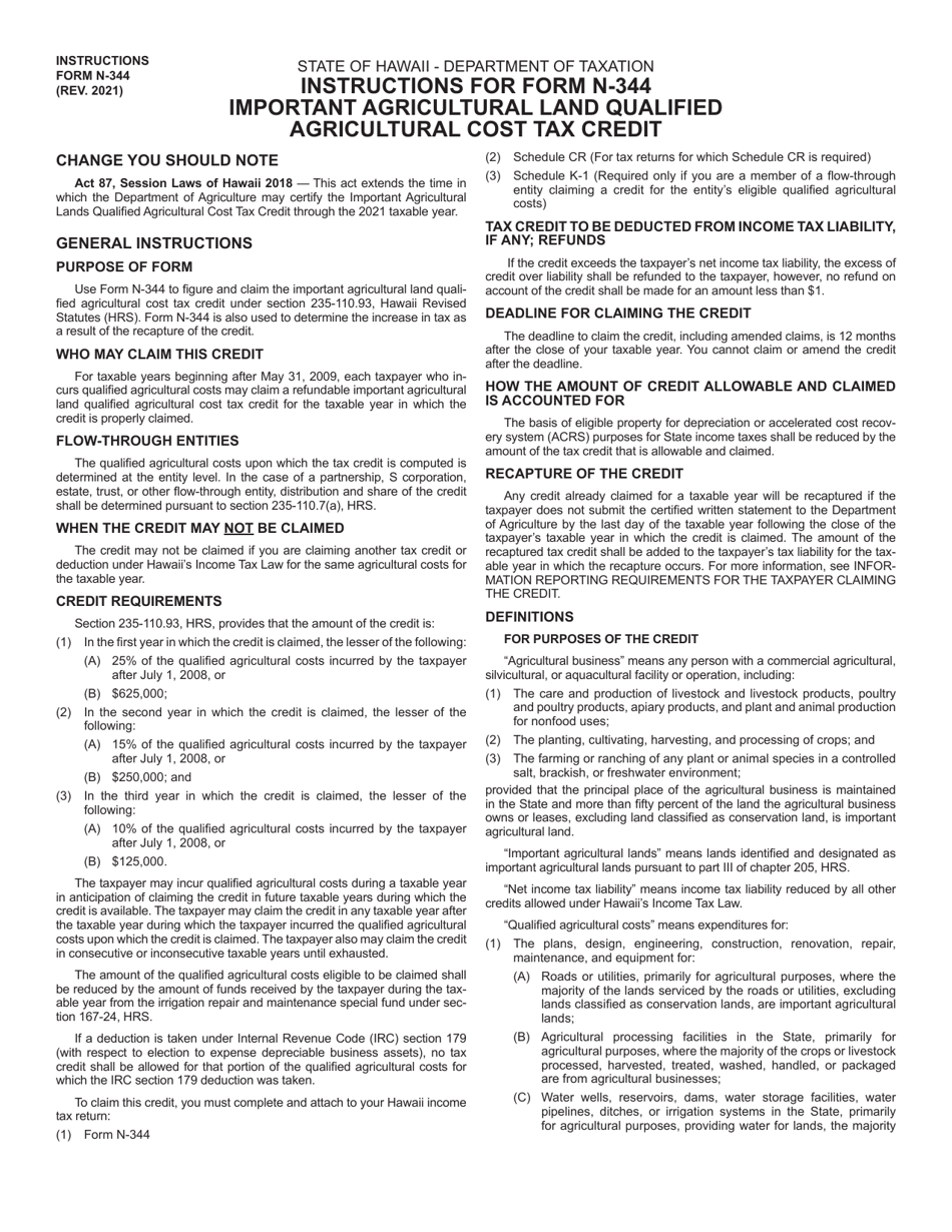Instructions for Form N-344 Important Agricultural Land Qualified Agricultural Cost Tax Credit - Hawaii, Page 1
