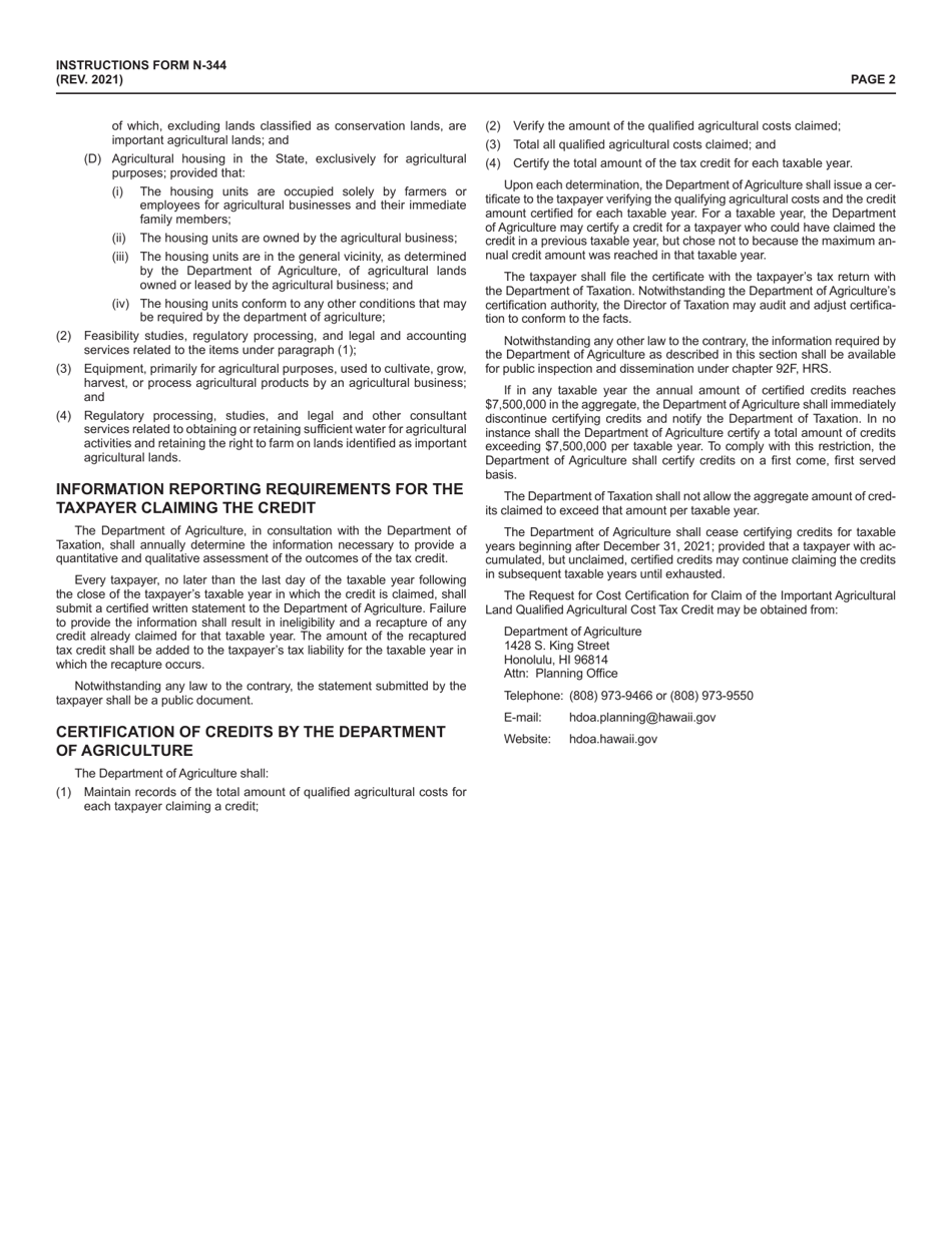 Instructions for Form N-344 Important Agricultural Land Qualified Agricultural Cost Tax Credit - Hawaii, Page 2