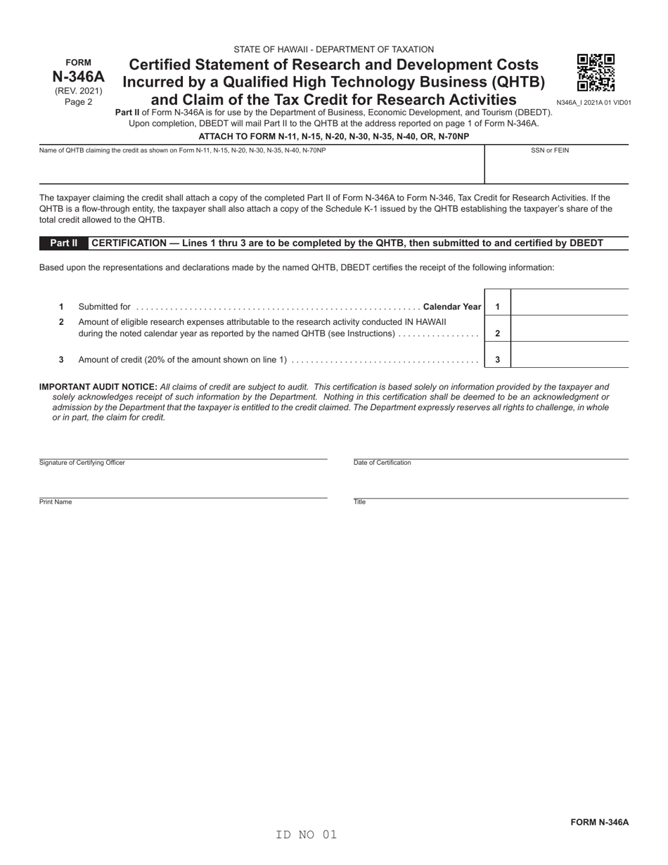 Form N-346A Certified Statement of Research and Development Costs Incurred by a Qualified High Technology Business (Qhtb) and Claim of the Tax Credit for Research Activities - Hawaii, Page 2
