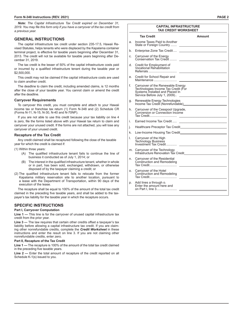 Form N-348 Capital Infrastructure Tax Credit - Hawaii, Page 2
