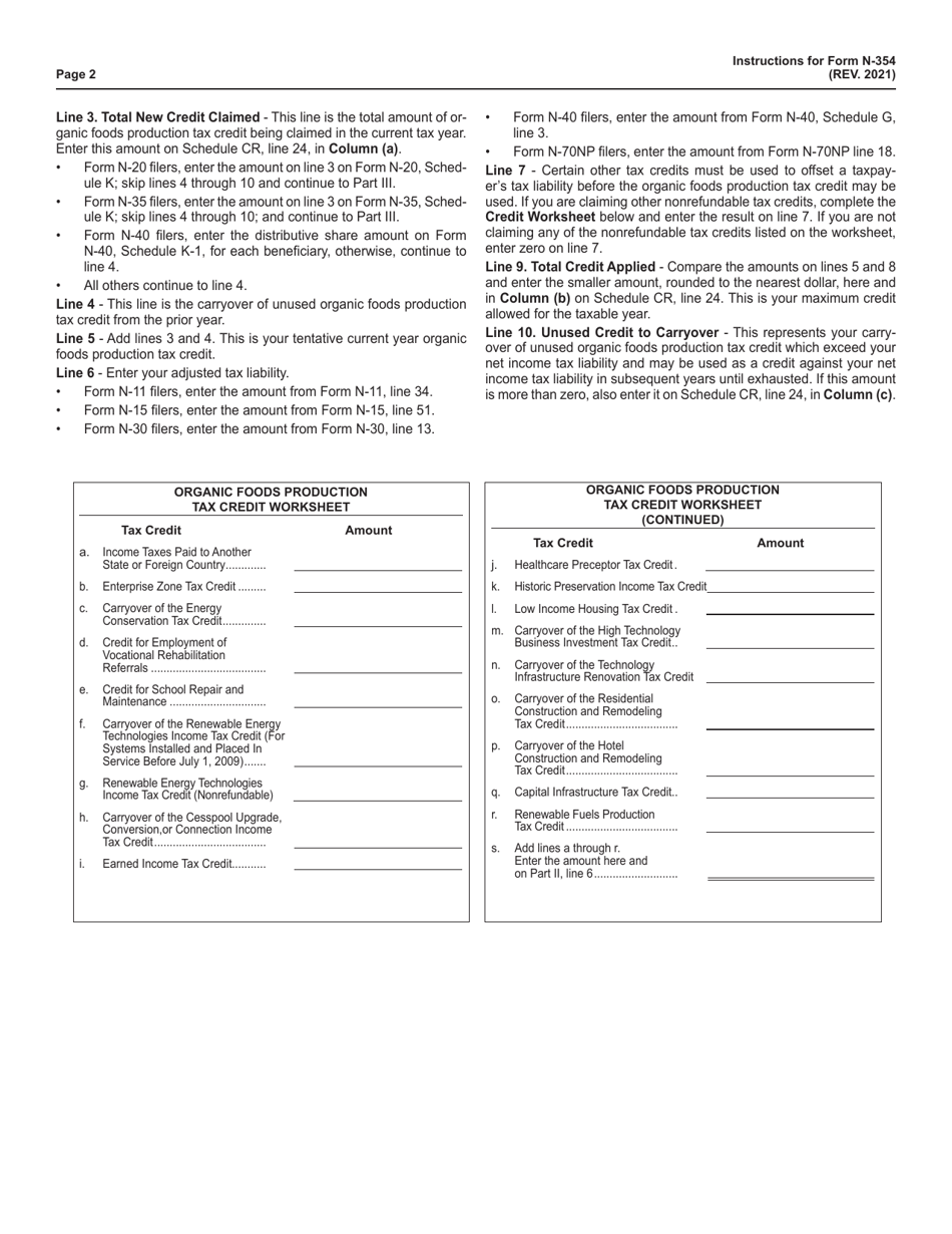 Instructions for Form N-354 Organic Foods Production Tax Credit - Hawaii, Page 2