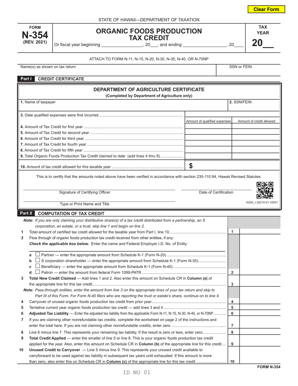 Form N-354 Organic Foods Production Tax Credit - Hawaii, Page 1