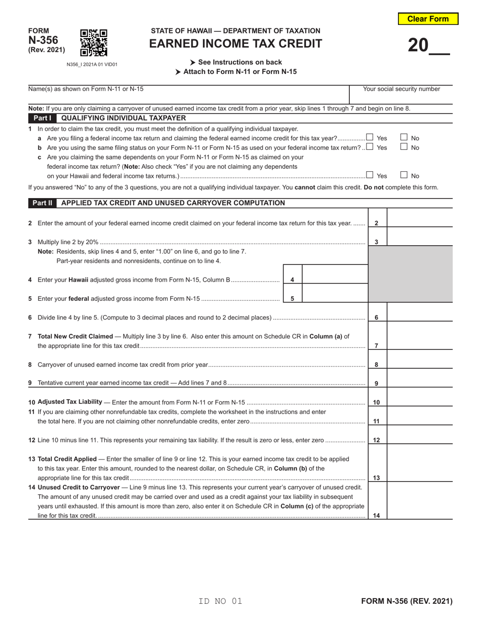 Form N-356 Earned Income Tax Credit - Hawaii, Page 1