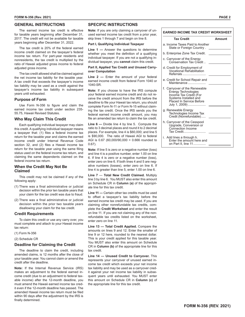 Form N-356 Earned Income Tax Credit - Hawaii, Page 2
