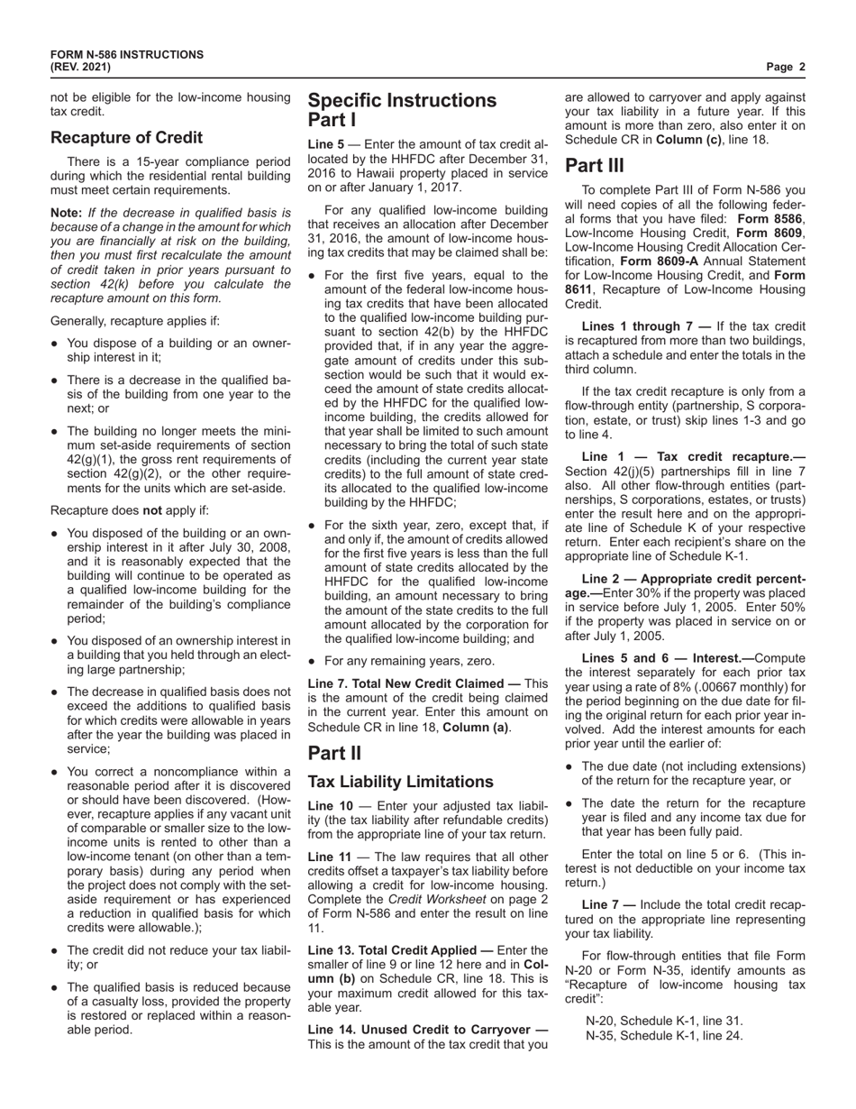 Instructions for Form N-586 Tax Credit for Low-Income Housing - Hawaii, Page 2