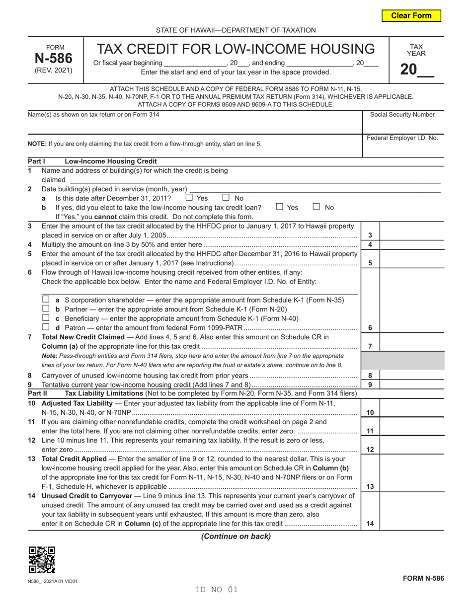 Form N-586 Tax Credit for Low-Income Housing - Hawaii, Page 1