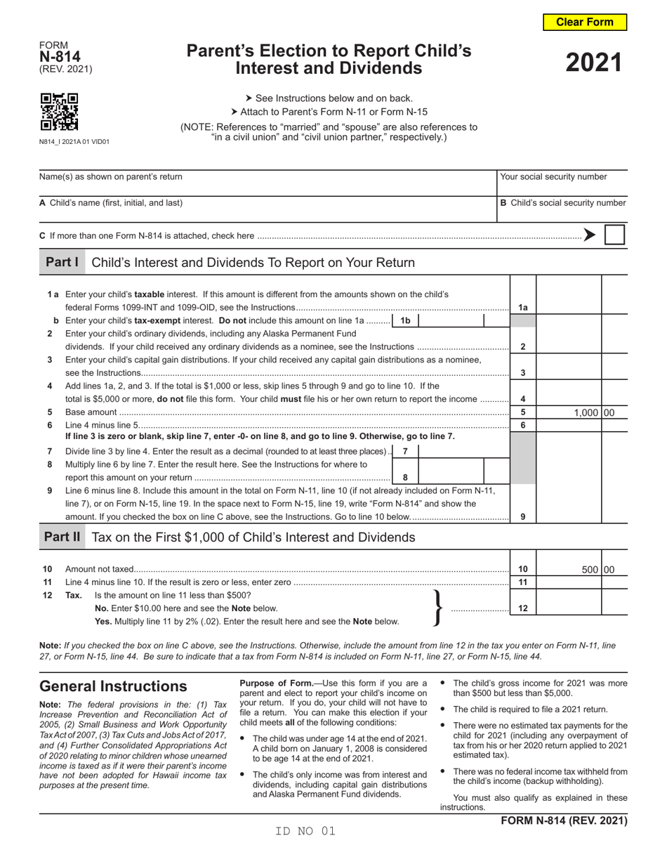 Form N-814 Parents Election to Report Childs Interest and Dividends - Hawaii, Page 1