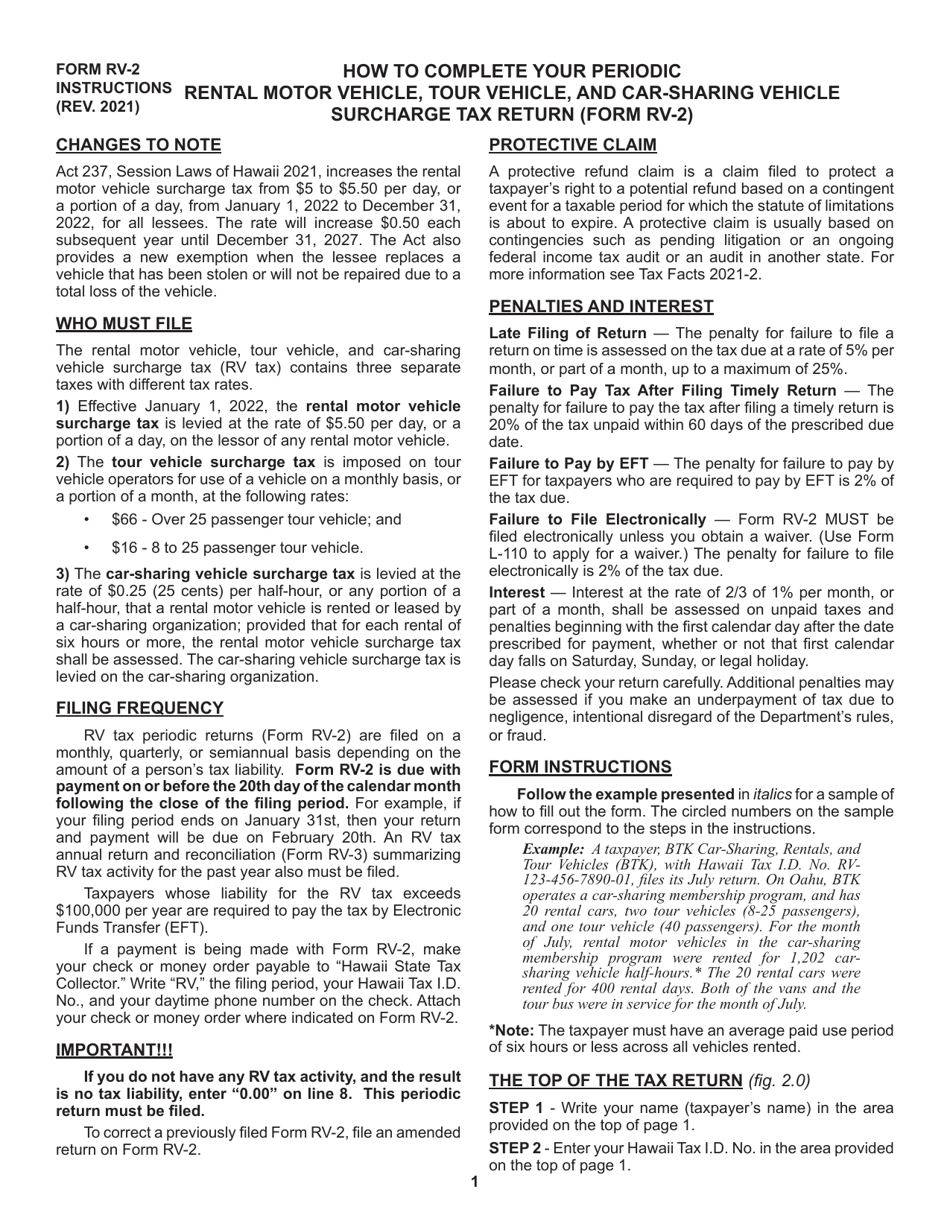 Instructions for Form RV-2 Periodic Rental Motor Vehicle, Tour Vehicle, and Car-Sharing Vehicle Surcharge Tax - Hawaii, Page 1