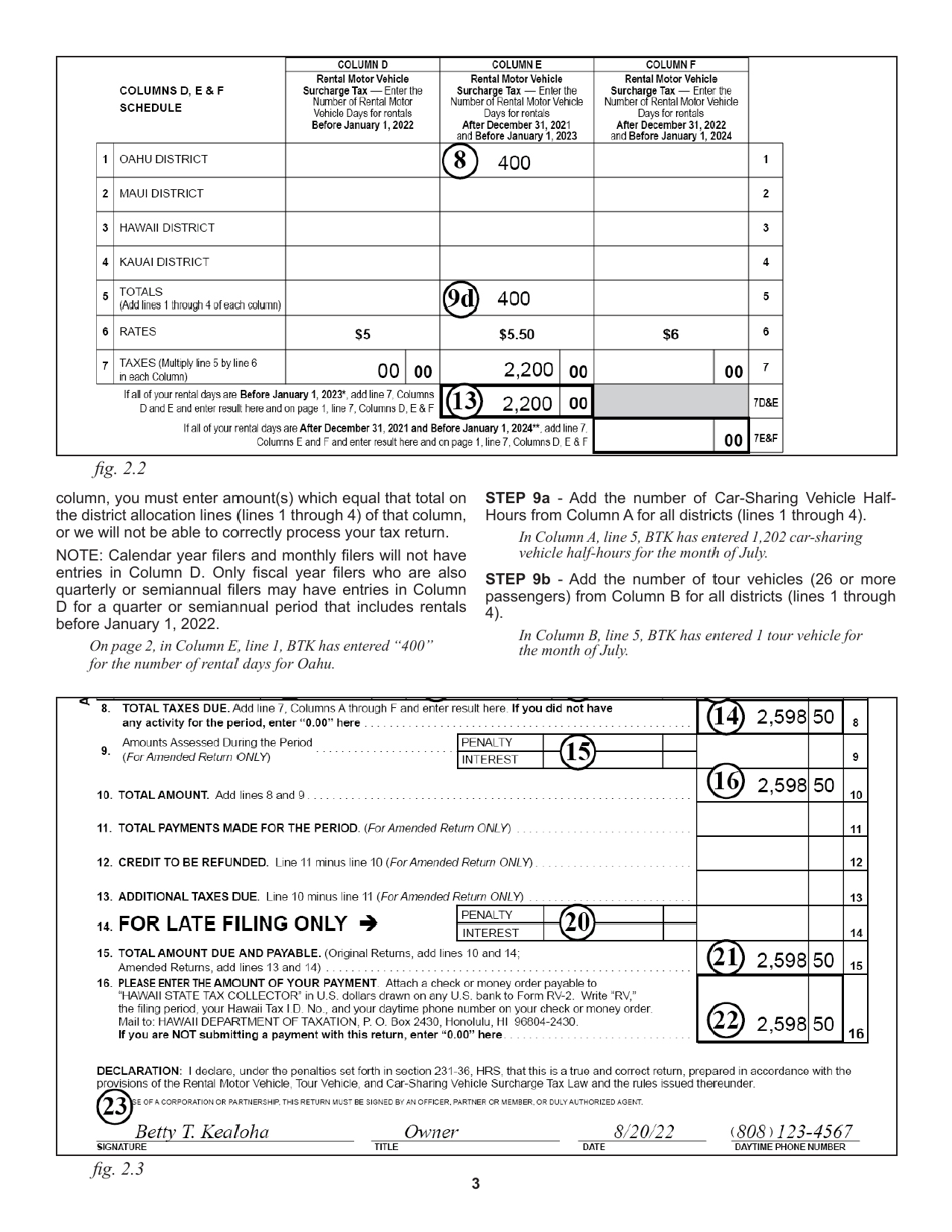 Instructions for Form RV-2 Periodic Rental Motor Vehicle, Tour Vehicle, and Car-Sharing Vehicle Surcharge Tax - Hawaii, Page 3