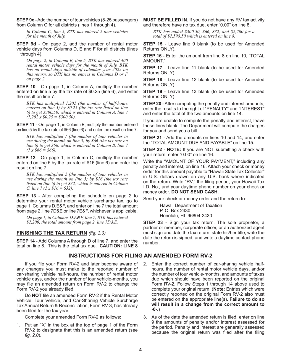 Instructions for Form RV-2 Periodic Rental Motor Vehicle, Tour Vehicle, and Car-Sharing Vehicle Surcharge Tax - Hawaii, Page 4
