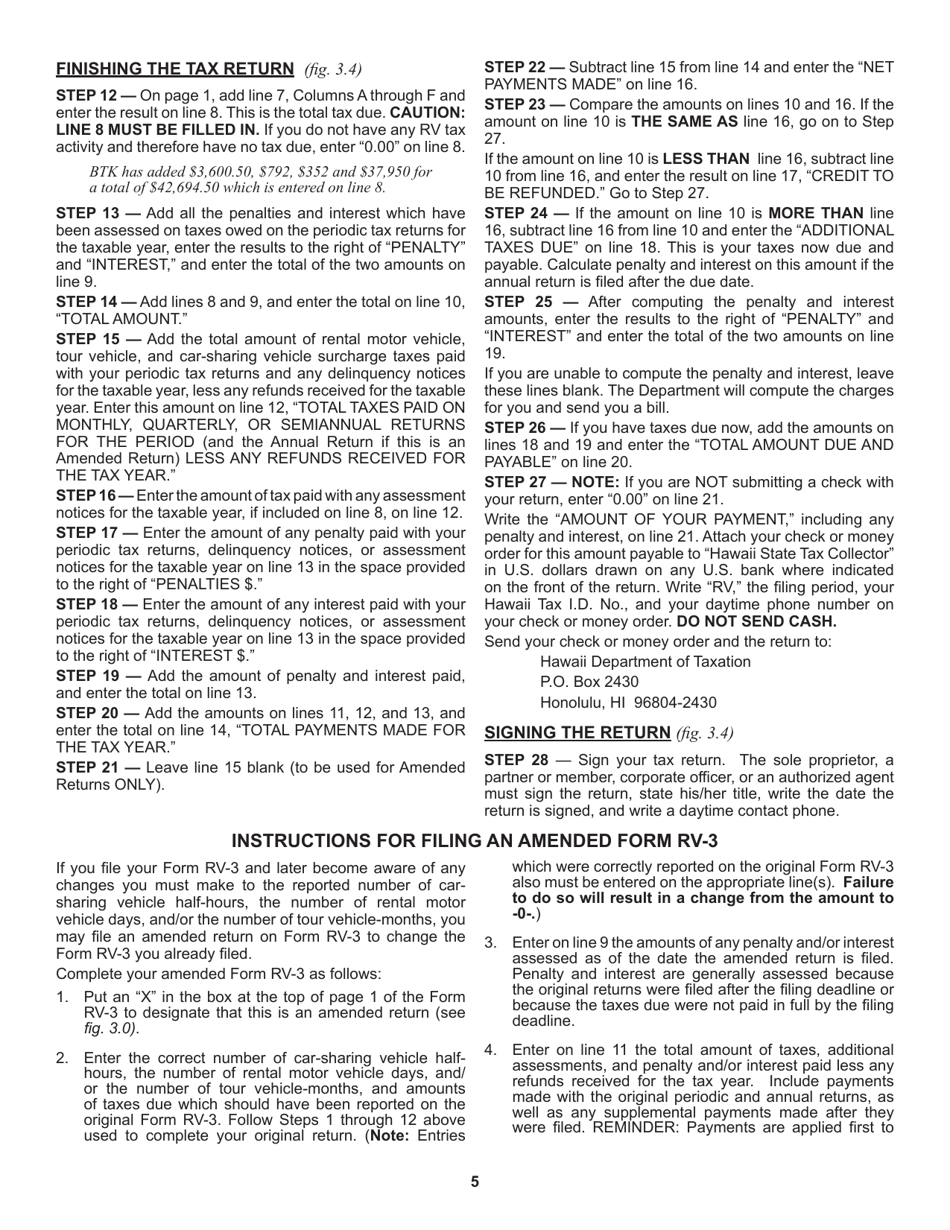 Instructions for Form RV-3 Rental Motor Vehicle, Tour Vehicle, and Car-Sharing Vehicle Surcharge Tax Annual Return and Reconciliation - Hawaii, Page 5