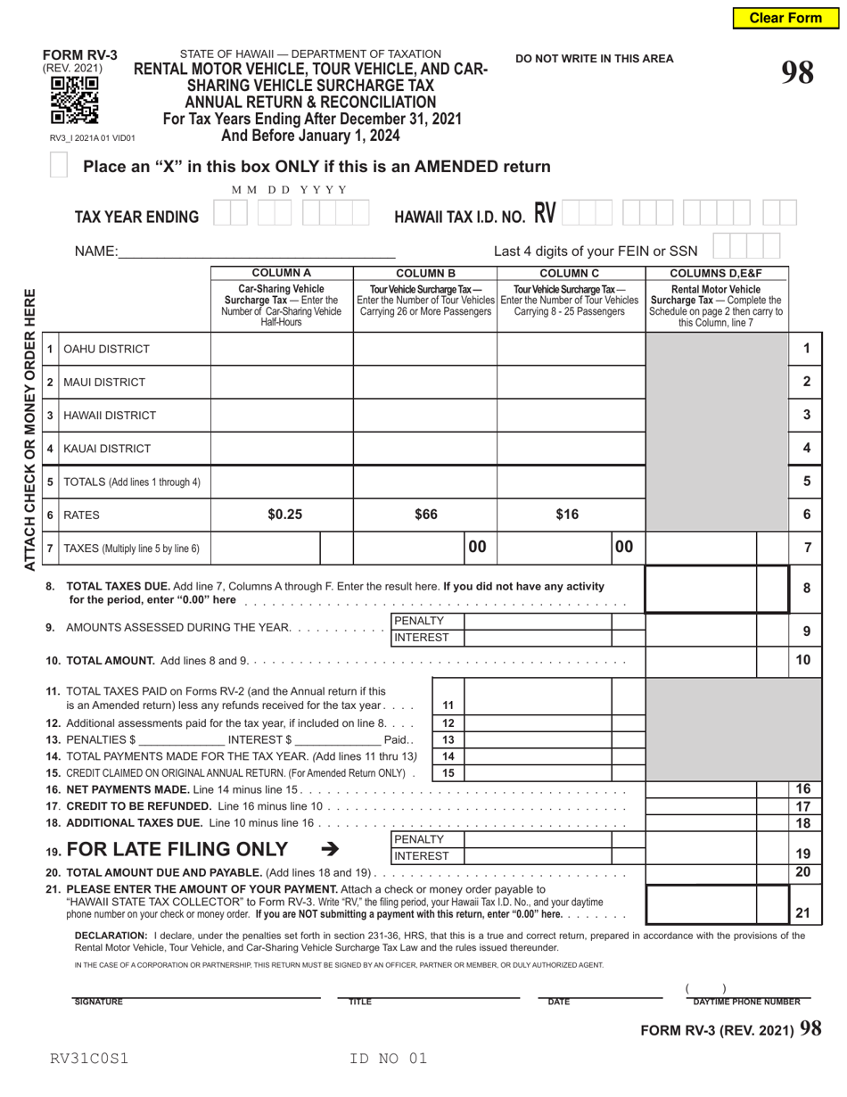 Form RV-3 Rental Motor Vehicle, Tour Vehicle, and Car-Sharing Vehicle Surcharge Tax Annual Return and Reconciliation - Hawaii, Page 1