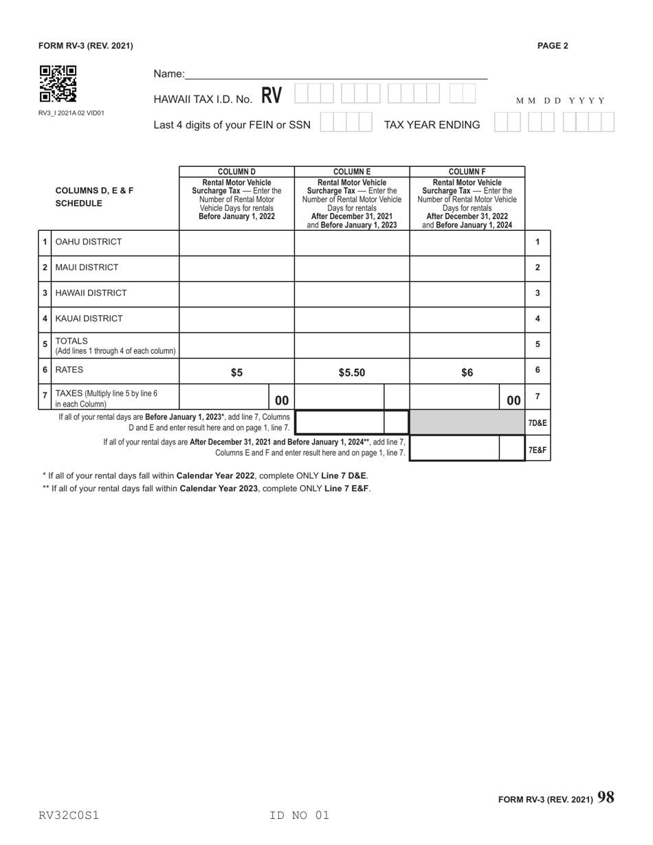 Form RV-3 Rental Motor Vehicle, Tour Vehicle, and Car-Sharing Vehicle Surcharge Tax Annual Return and Reconciliation - Hawaii, Page 2