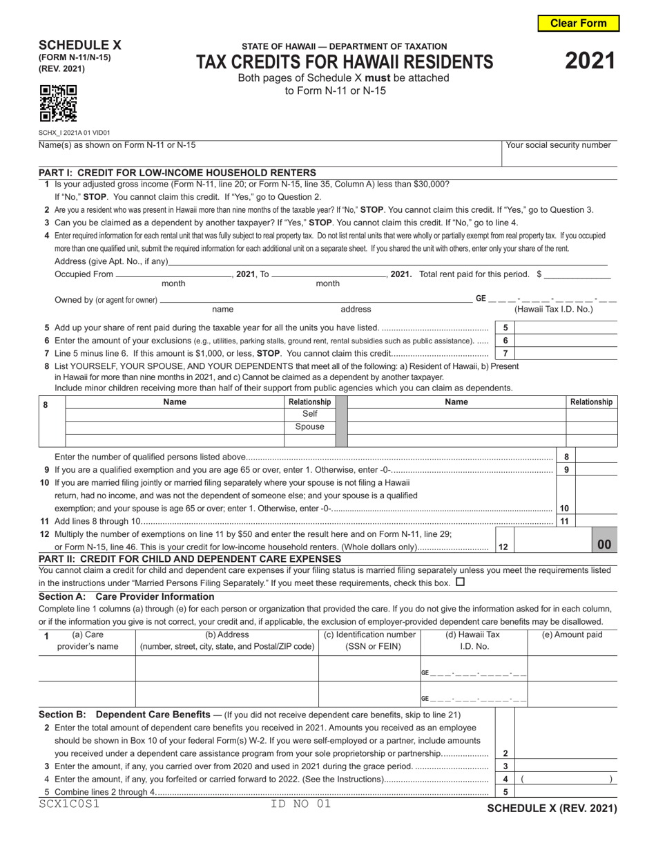 Schedule X Download Fillable Pdf Or Fill Online Tax Credits For Hawaii Residents 2021 Hawaii 