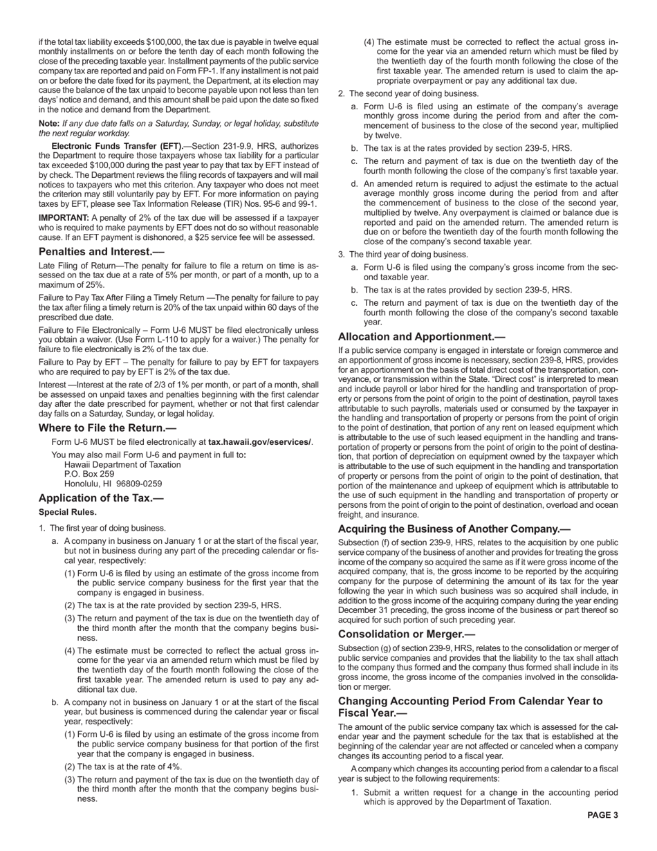 Instructions for Form U-6 Public Service Company Tax Return - Hawaii, Page 3