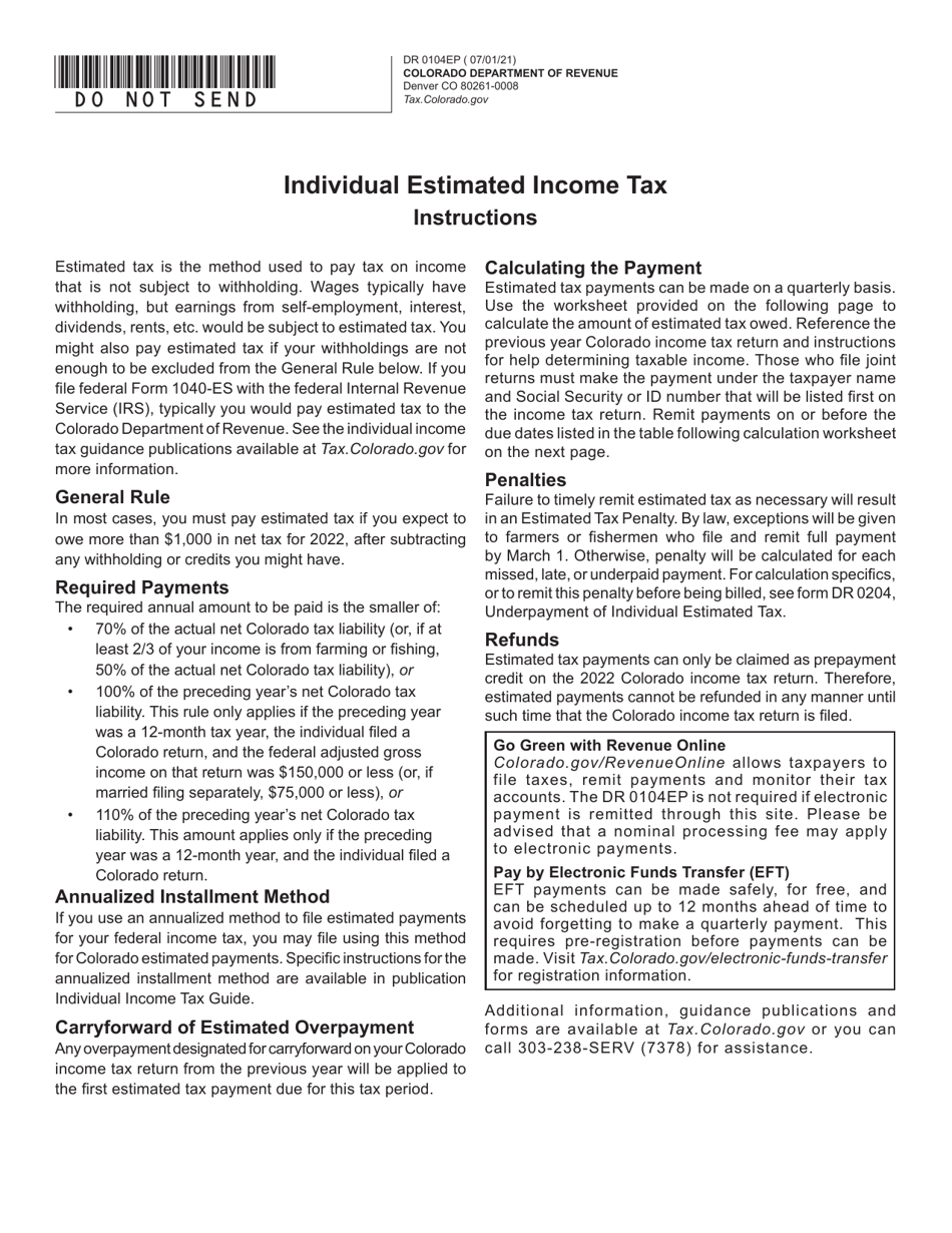 Form DR0104EP Individual Estimated Income Tax Payment Form - Colorado, Page 1