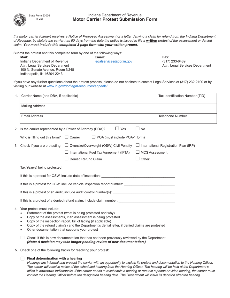 State Form 53036 Motor Carrier Protest Submission Form - Indiana, Page 1