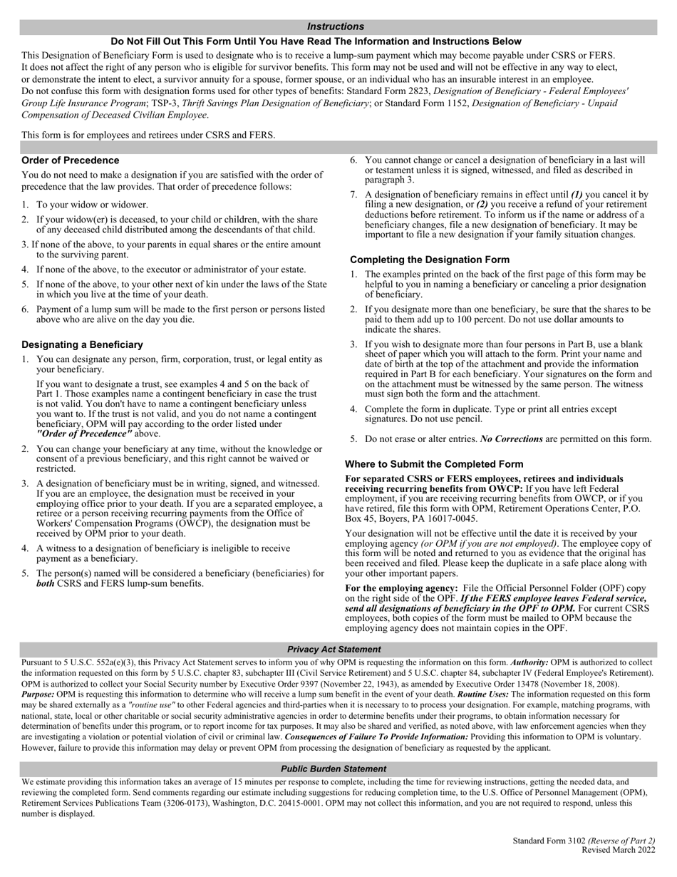 Form SF-3102 Designation of Beneficiary, Page 3