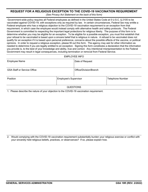 GSA Form 19R Request for a Religious Exception to the Covid-19 Vaccination Requirement