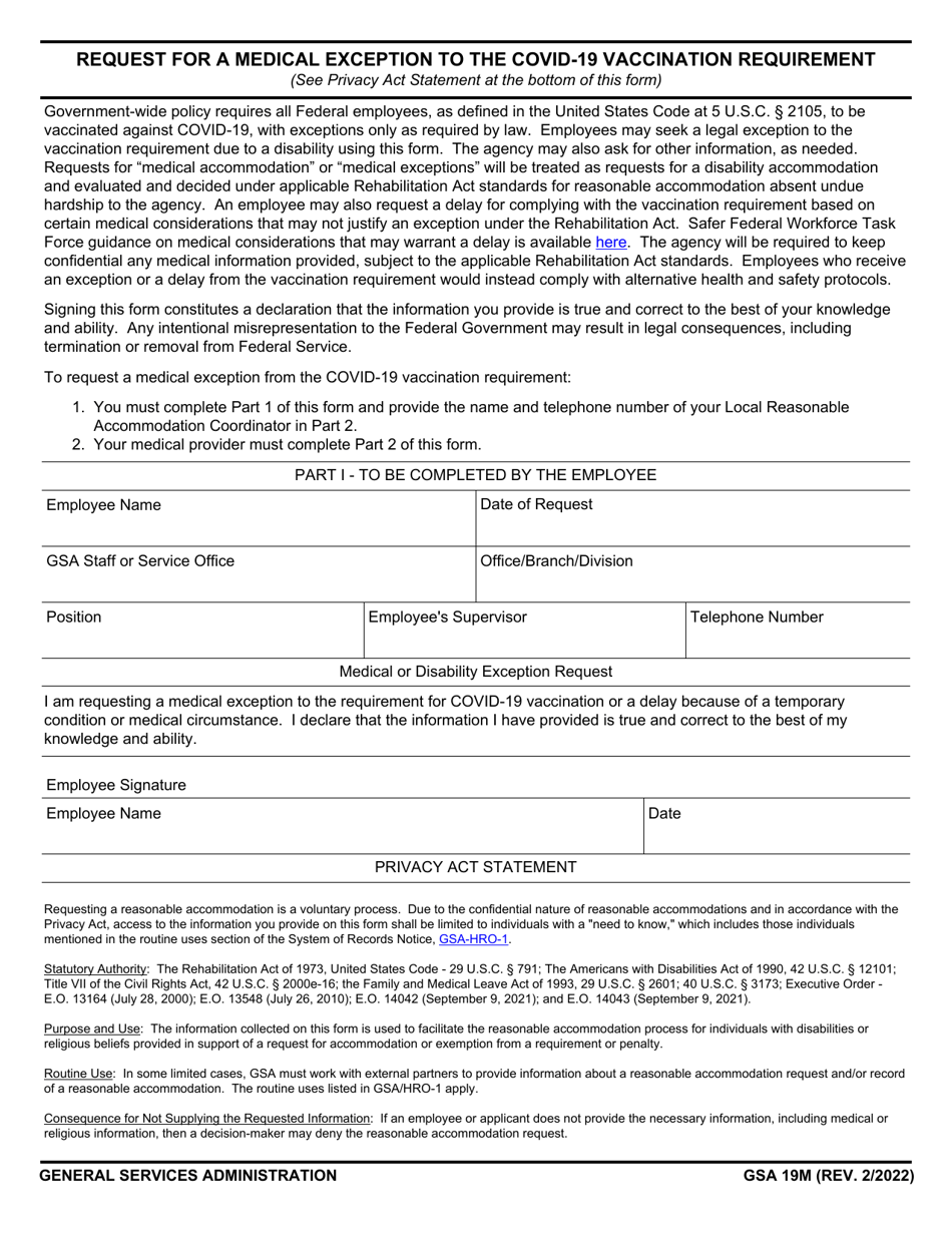 GSA Form 19M Request for a Medical Exception to the Covid-19 Vaccination Requirement, Page 1