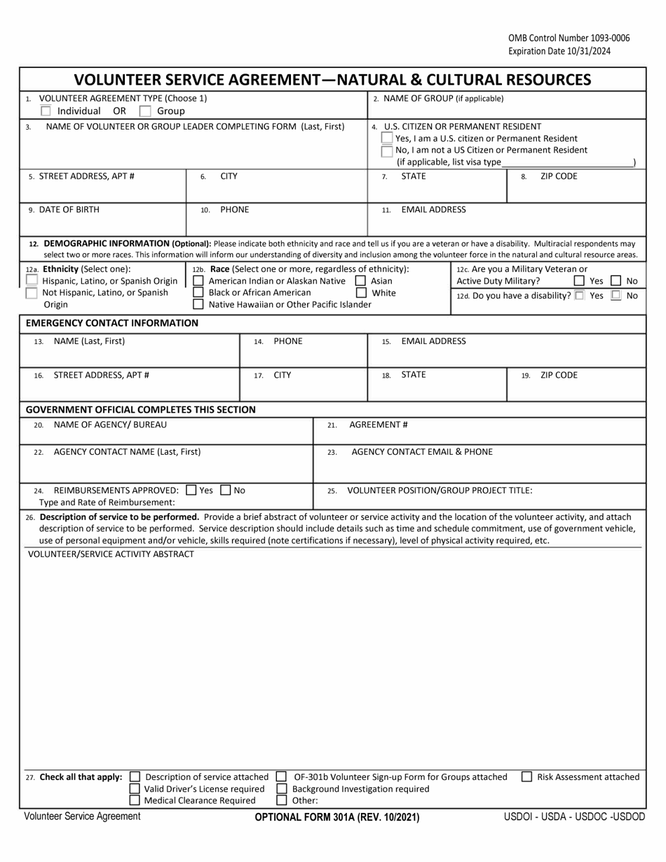 Optional Form 301A Volunteer Service Agreement - Natural and Cultural Resources, Page 1