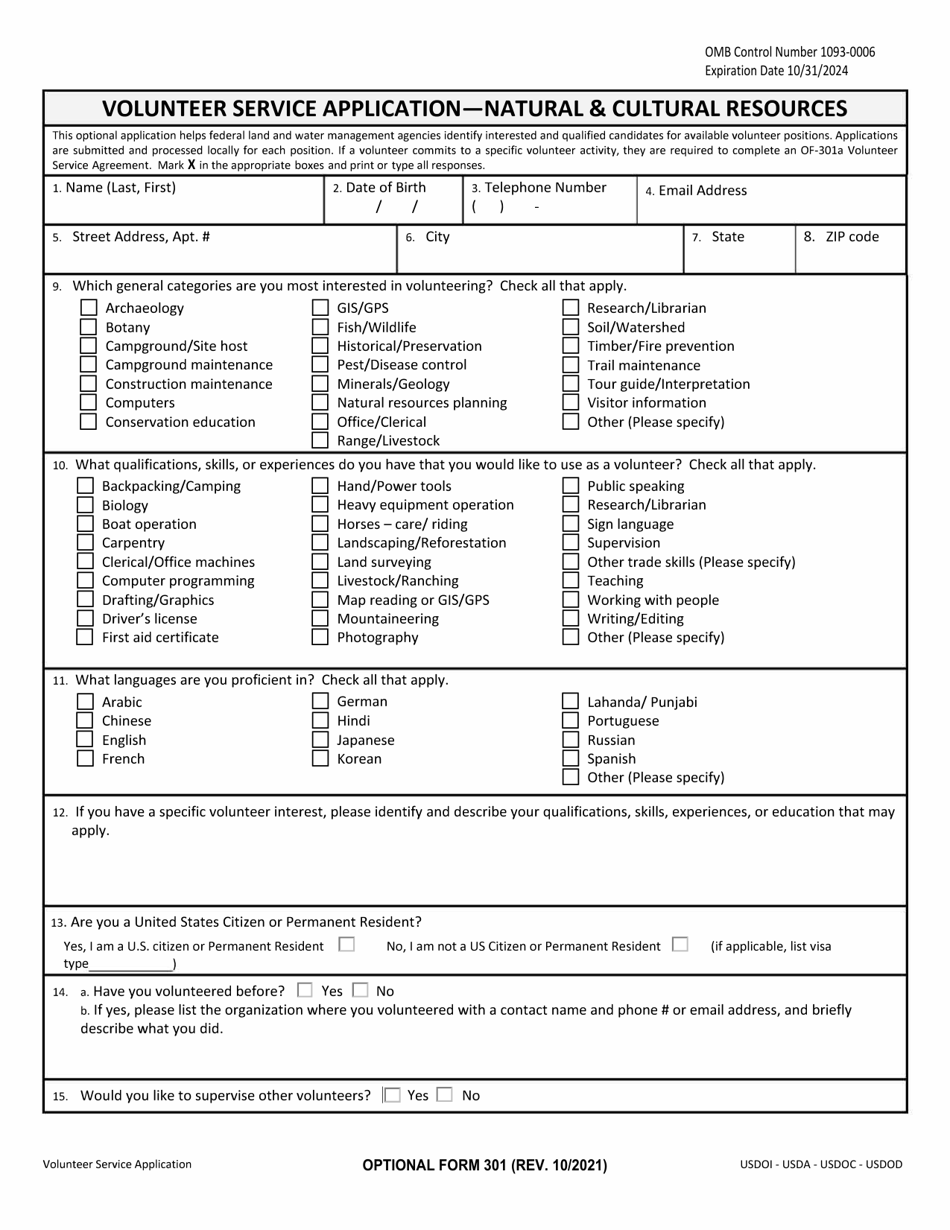 Optional Form 301 Volunteer Service Application - Natural  Cultural Resources, Page 1