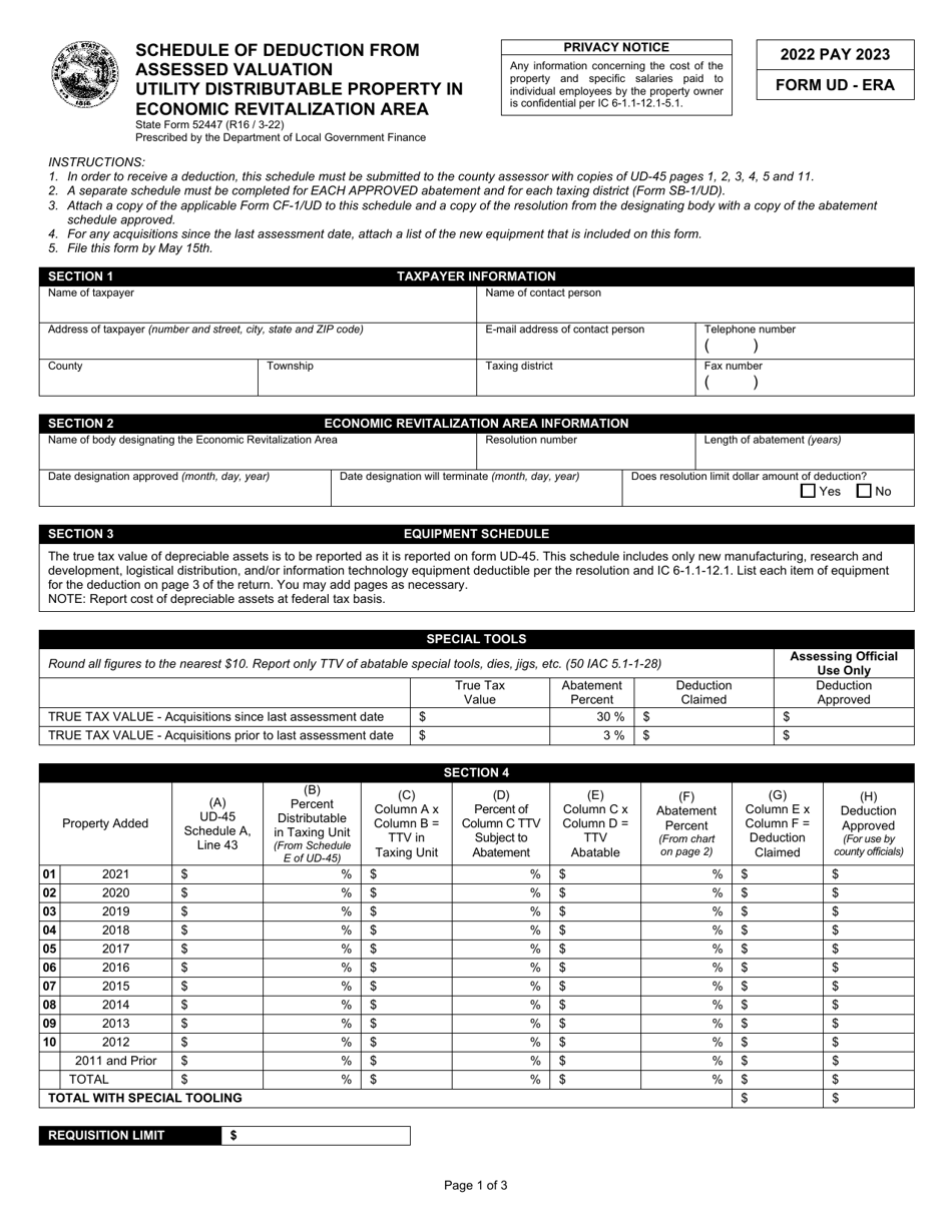 Form UD-ERA (State Form 52447) Schedule of Deduction From Assessed Valuation Utility Distributable Property in Economic Revitalization Area - Indiana, Page 1