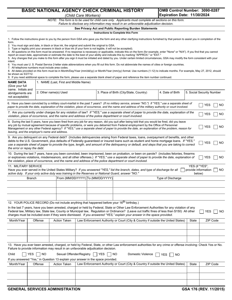 GSA Form 176 Download Fillable PDF or Fill Online Basic National Agency