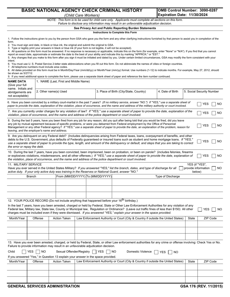 GSA Form 176 Basic National Agency Check Criminal History, Page 1