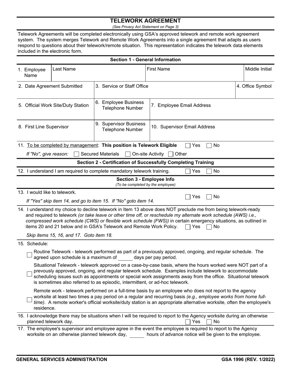 GSA Form 1996 Telework Agreement, Page 1