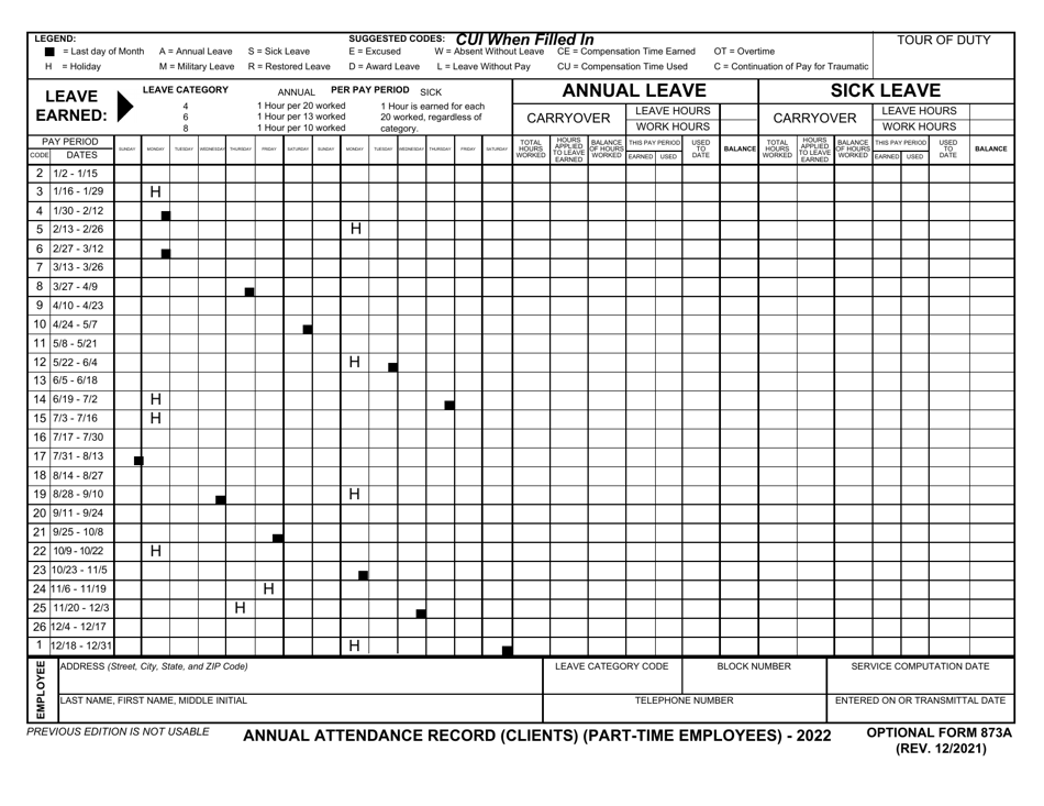 Optional Form 873A Annual Attendance Record (Clients) (Part-Time Employees), Page 1