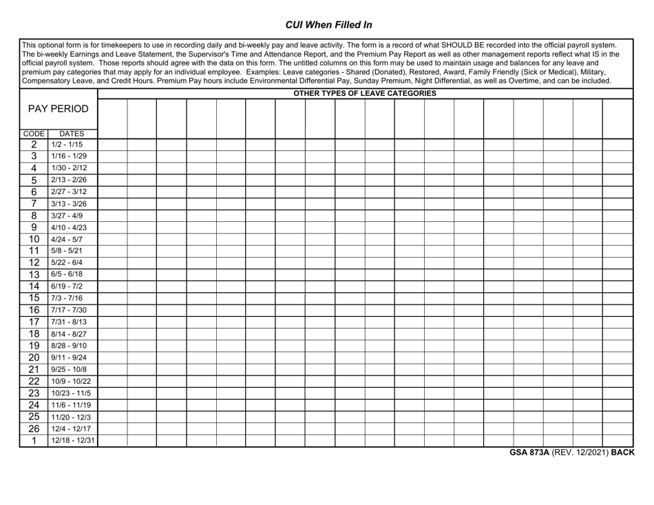GSA Form 873A Annual Attendance Record (Part-Time Employees), Page 2