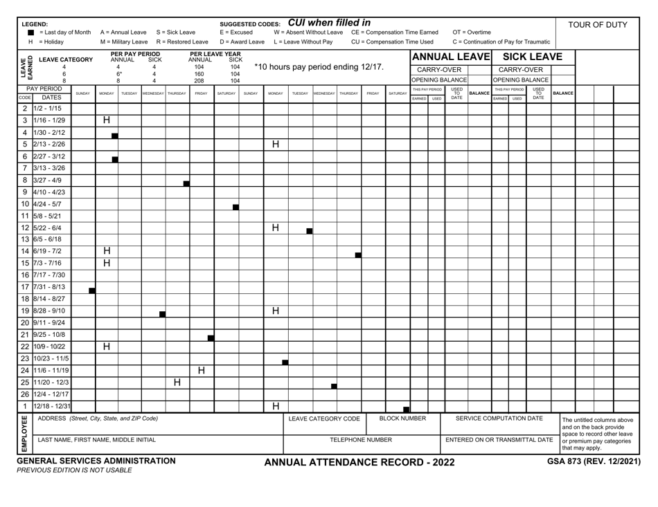 GSA Form 873 Annual Attendance Record, Page 1
