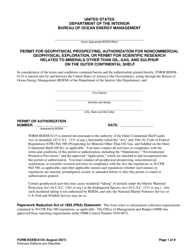 Document preview: Form BOEM-0135 Permit for Geophysical Prospecting, Authorization for Noncommercial Geophysical Exploration, or Permit for Scientific Research Related to Minerals Other Than Oil, Gas, and Sulphur on the Outer Continental Shelf