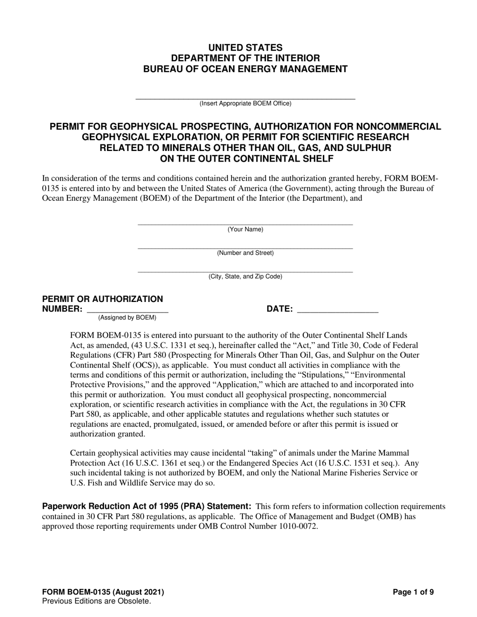 Form BOEM-0135 Permit for Geophysical Prospecting, Authorization for Noncommercial Geophysical Exploration, or Permit for Scientific Research Related to Minerals Other Than Oil, Gas, and Sulphur on the Outer Continental Shelf, Page 1