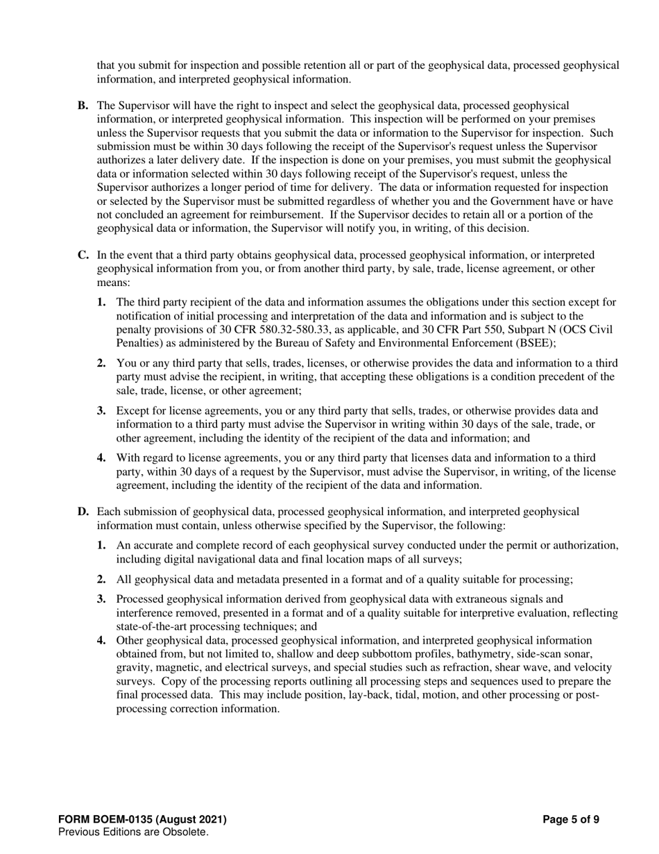 Form BOEM-0135 Permit for Geophysical Prospecting, Authorization for Noncommercial Geophysical Exploration, or Permit for Scientific Research Related to Minerals Other Than Oil, Gas, and Sulphur on the Outer Continental Shelf, Page 5