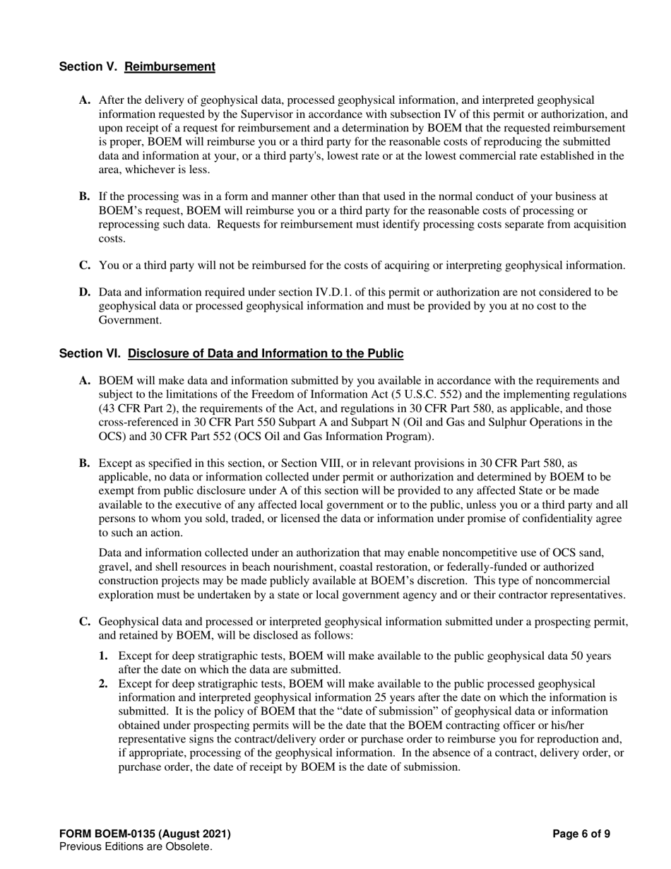 Form BOEM-0135 Permit for Geophysical Prospecting, Authorization for Noncommercial Geophysical Exploration, or Permit for Scientific Research Related to Minerals Other Than Oil, Gas, and Sulphur on the Outer Continental Shelf, Page 6