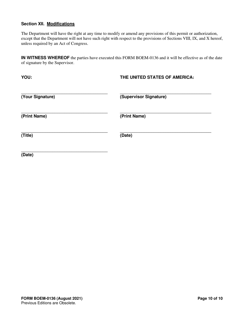 Form BOEM-0136 Permit for Geological Prospecting, Authorization for Noncommercial Geological Exploration, or Permit for Scientific Research Related to Minerals Other Than Oil, Gas, and Sulphur on the Outer Continental Shelf, Page 10