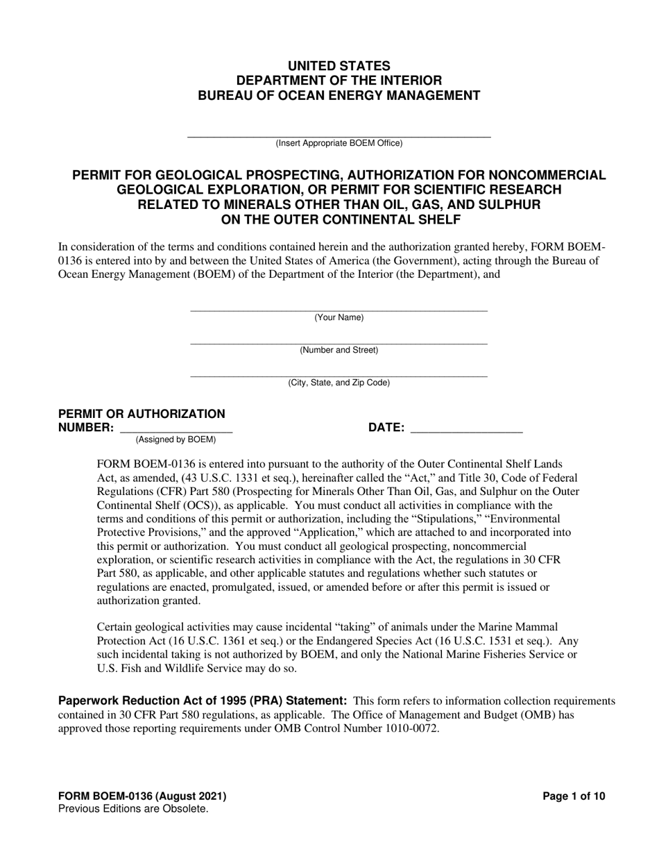 Form BOEM-0136 Permit for Geological Prospecting, Authorization for Noncommercial Geological Exploration, or Permit for Scientific Research Related to Minerals Other Than Oil, Gas, and Sulphur on the Outer Continental Shelf, Page 1