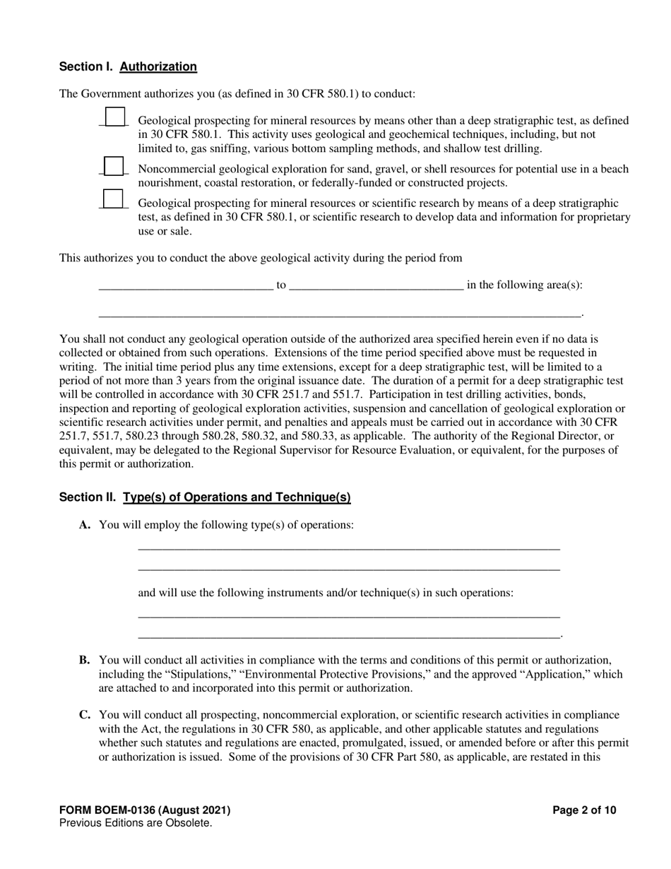 Form BOEM-0136 Permit for Geological Prospecting, Authorization for Noncommercial Geological Exploration, or Permit for Scientific Research Related to Minerals Other Than Oil, Gas, and Sulphur on the Outer Continental Shelf, Page 2