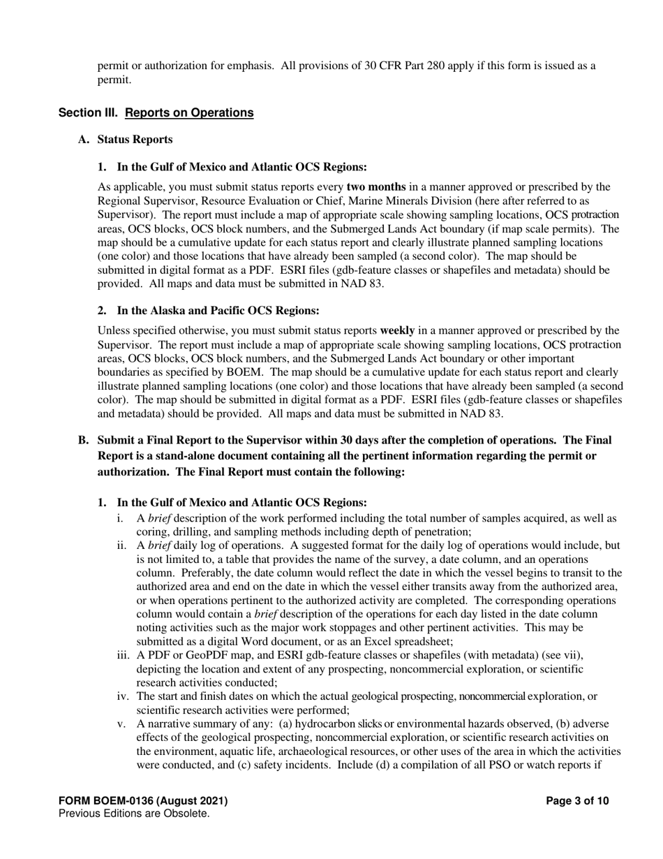 Form BOEM-0136 Permit for Geological Prospecting, Authorization for Noncommercial Geological Exploration, or Permit for Scientific Research Related to Minerals Other Than Oil, Gas, and Sulphur on the Outer Continental Shelf, Page 3