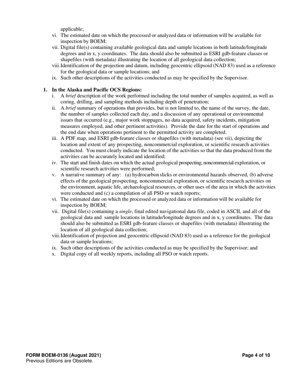 Form BOEM-0136 Permit for Geological Prospecting, Authorization for Noncommercial Geological Exploration, or Permit for Scientific Research Related to Minerals Other Than Oil, Gas, and Sulphur on the Outer Continental Shelf, Page 4